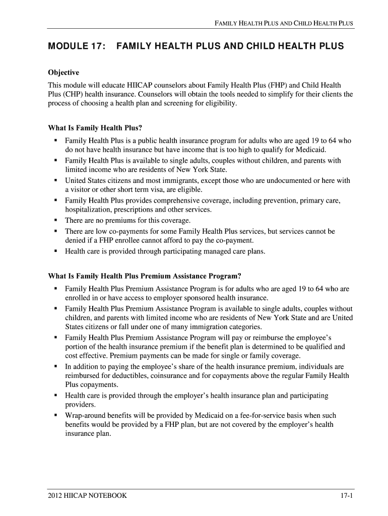 Fillable Online aging ny MODULE 17. FAMILY HEALTH PLUS AND CHILD HEALTH