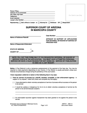 Arizona Affidavit in Support of Application for Deferral or Waiver of Service of Process Fees