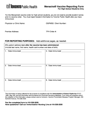 Menactra Vaccine Reporting Form