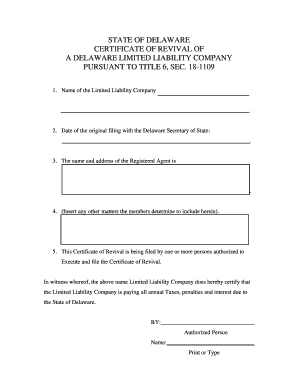 Delaware Certificate of Revival for LLC