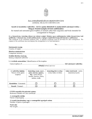 Animal Health Certificate for Game Trophies