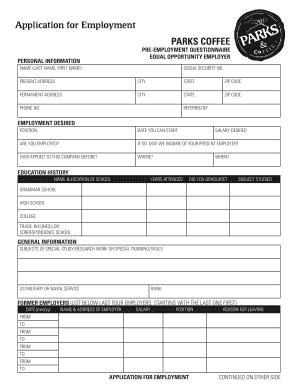 Parks Coffee Employment Application