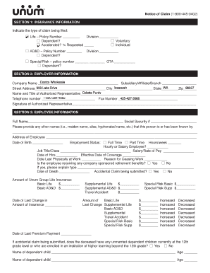 Unum Group Life Insurance Claim Form