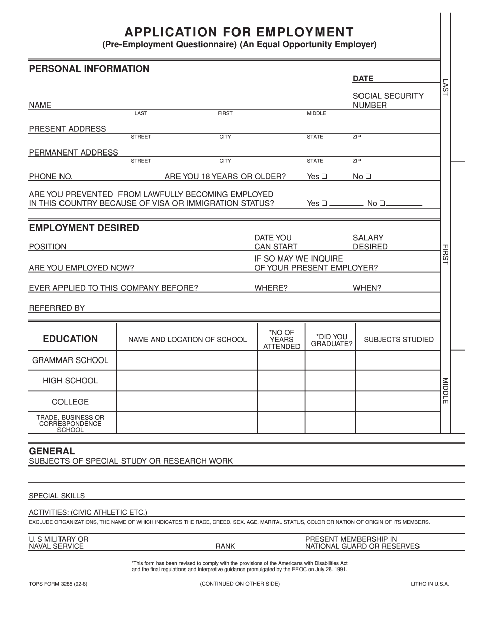 Tops Form 32851 Application For Employment Fillable: Fillable