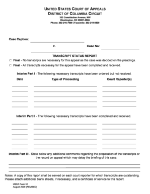 USCA Form 51 Transcript Status Report
