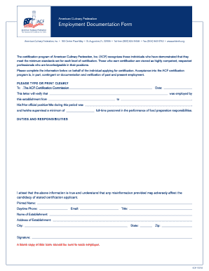 American Culinary Federation Employment Documentation Form