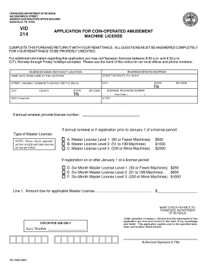 Tennessee Coin-Operated Amusement Machine License Application