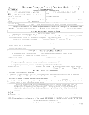 Nebraska Resale or Exempt Sale Certificate