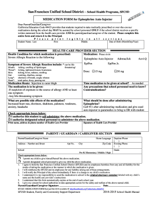 California Medication Form for Epinephrine Auto Injector