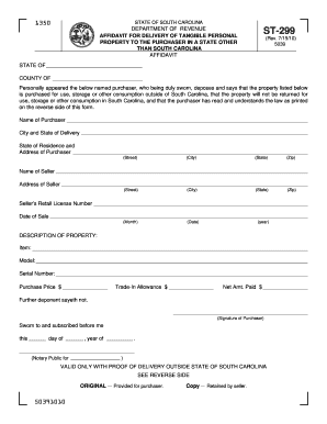 South Carolina Affidavit for Delivery of Tangible Personal Property