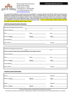 Winter Garden Parks Recreation Participant Membership Form