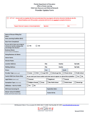 Florida Child Care Provider Update Form