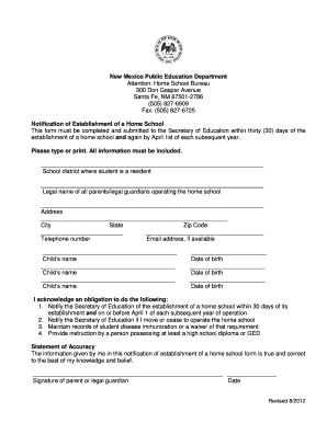 New Mexico Home School Notification Form