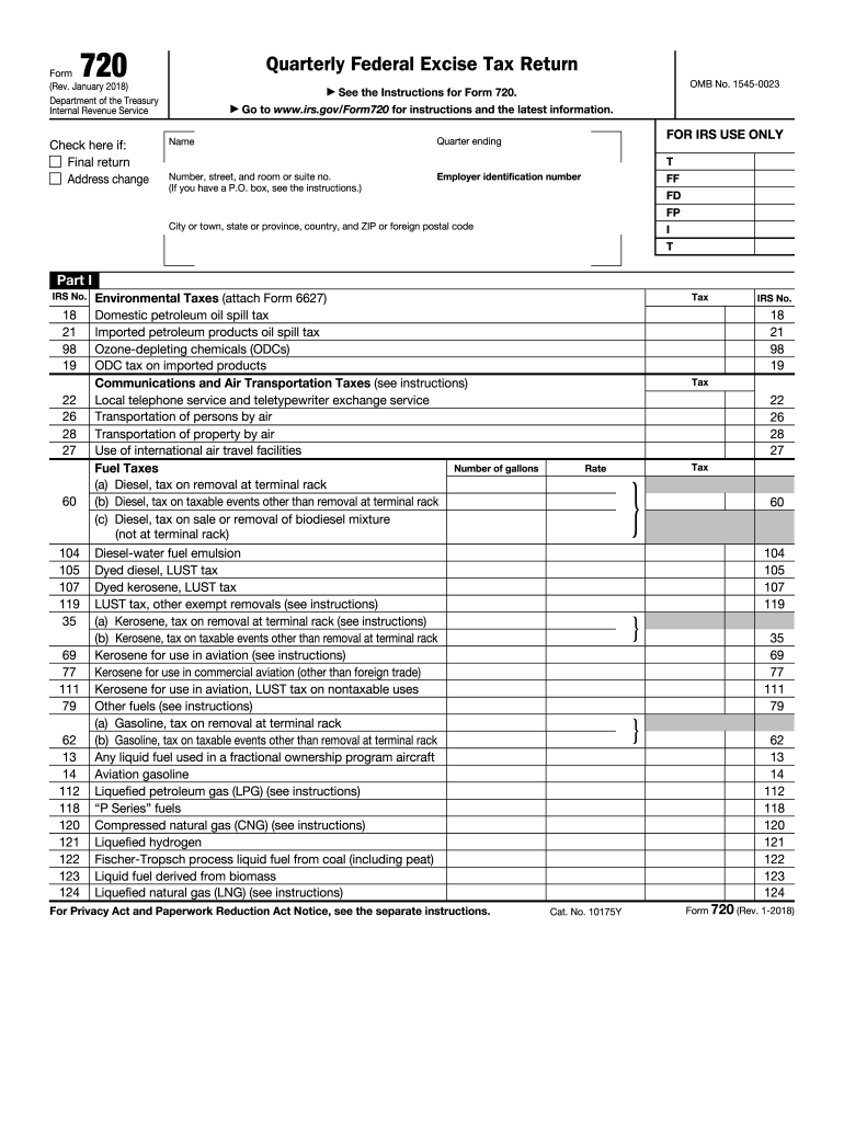 Form 720 (Rev January 2019) Quarterly Federal Excise Tax Return Preview on Page 1