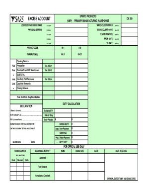 Excise Account Spirits Products Form DA 260