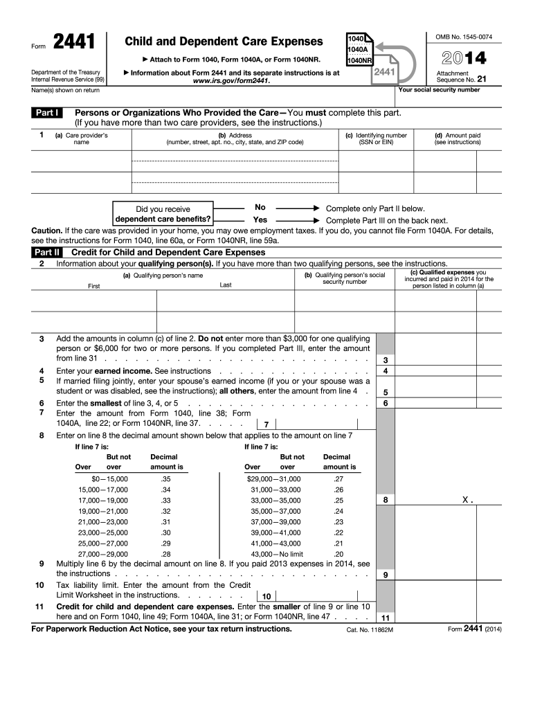 Form 2441 Child and Dependent Care Expenses Department of the Treasury Internal Revenue Service (99) Preview on Page 1