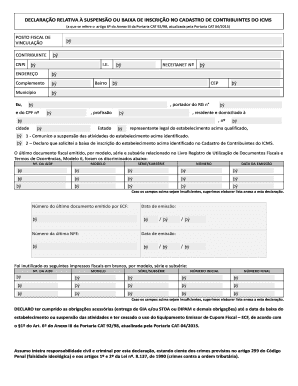 DECLARAÇÃO RELATIVA À SUSPENSÃO OU BAIXA DE INSCRIÇÃO NO CADASTRO DE CONTRIBUINTES DO ICMS
