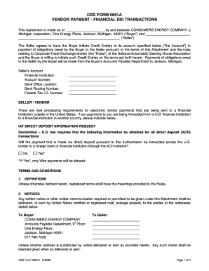 CSS Form 0651A Vendor Payment Agreement