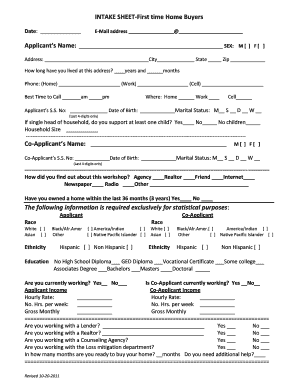First Time Home Buyers Intake Sheet