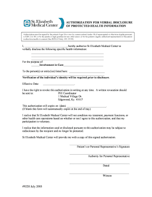 Authorization for Verbal Disclosure of Protected Health Information