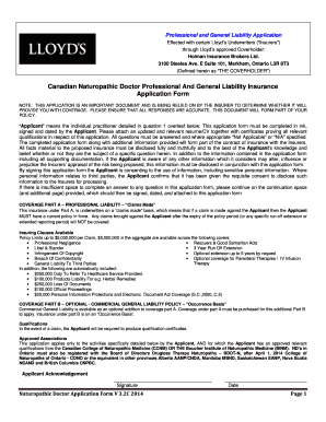 Canadian Naturopathic Doctor Professional And General Liability Insurance Application