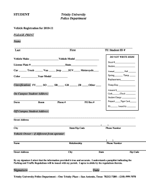 Trinity University Vehicle Registration Form