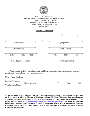 Tennessee Collection Service Board Complaint Form