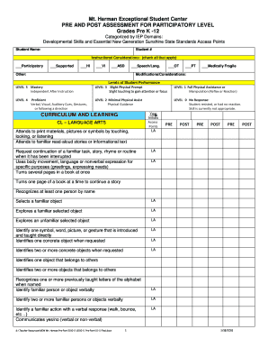 Florida Pre and Post Assessment Form for Exceptional Students