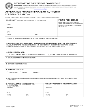 Application for Certificate of Authority Foreign Corporation