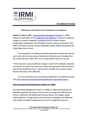 irmi classification cross reference