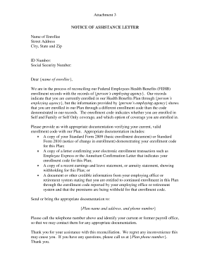 Notice of Assistance Letter for FEHB Enrollment