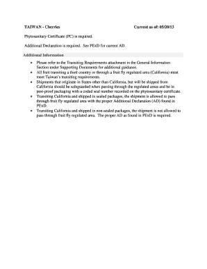 TAIWAN - Cherries Current as of 052013 Phytosanitary Certificate - fortress wa