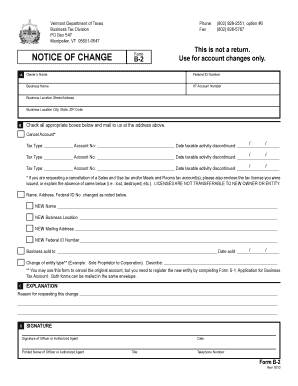 Vermont Business Tax Change Notice Form