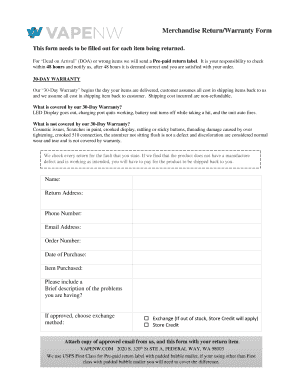 Merchandise Return Warranty Form