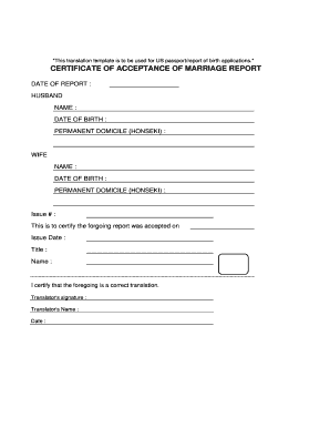 Certificate of Acceptance of Marriage Report