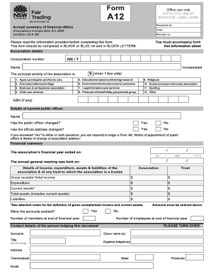 NSW Annual Summary of Financial Affairs Form A12