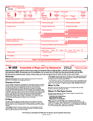 IRS Form W-2AS, W-2CM, W-2GU, W-2VI and W-3SS 2012