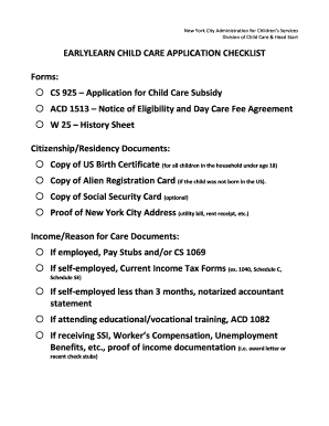 EARLYLEARN CHILD CARE APPLICATION CHECKLIST Forms o - nyc