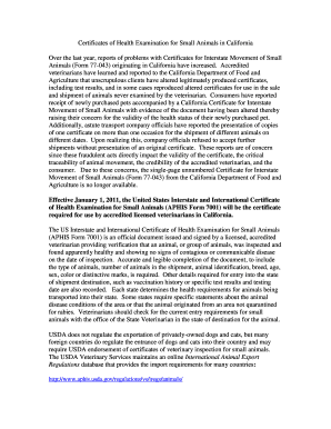 US Interstate and International Certificate of Health Examination for Small Animals