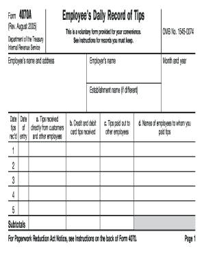 Form 4070A Employee’s Daily Record of Tips