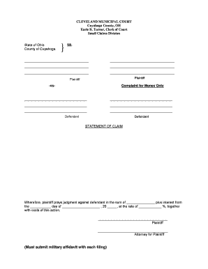 Ohio Small Claims Complaint for Money Only