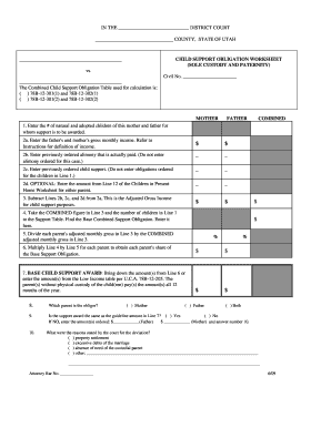 Utah Child Support Obligation Worksheet