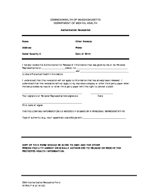 Massachusetts DMH Authorization Revocation Form