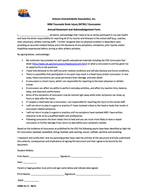 Arizona MTBI Concussion Annual Statement and Acknowledgement Form