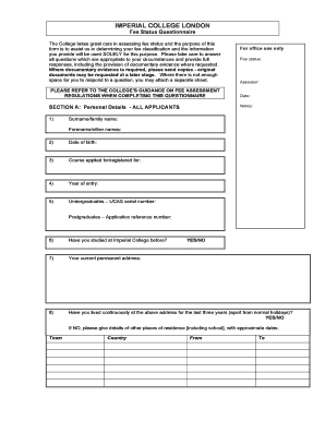 Imperial College London Fee Status Questionnaire