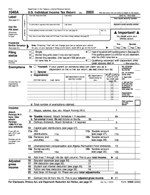 IRS Form 1040A 2002 US Individual Income Tax Return