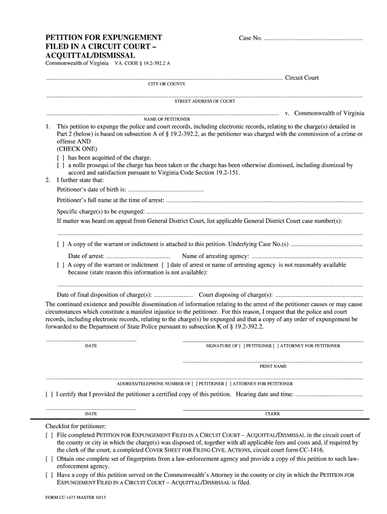 cc 1473 petition for expungement filed in a circuit court 2013 form Preview on Page 1