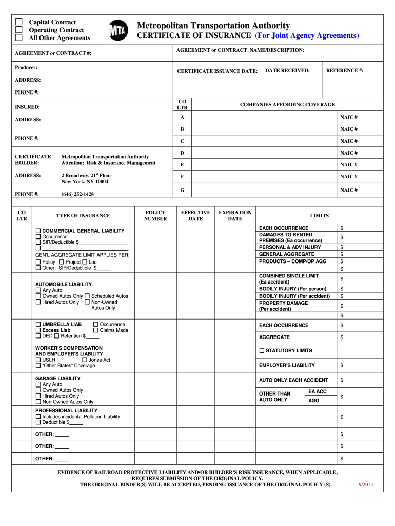 NY MTA Certificate of Insurance 2015 Fill and Sign