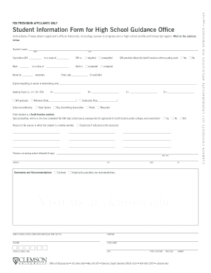 Student Information Form for High School Guidance Office