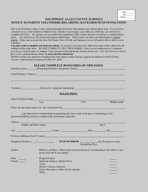 Southwest Allen County Schools Volunteer Background Check Form